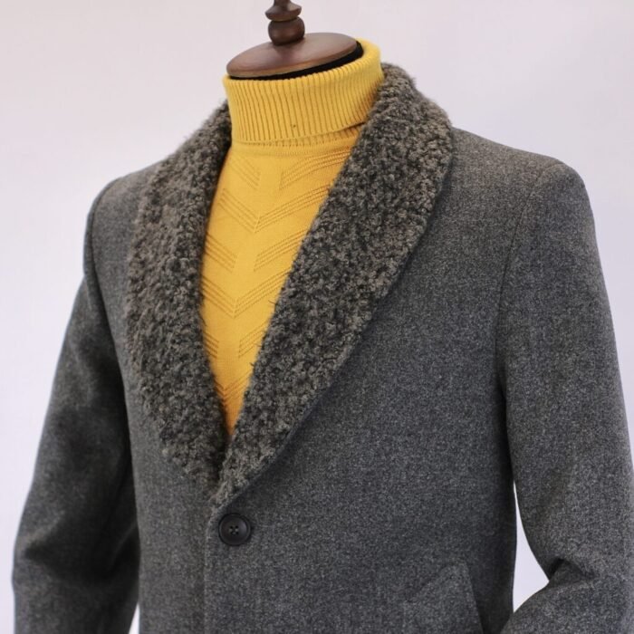 بالطو جوخ - رمادي غامق-ياقة كول شال فرو - CT102 - Image 3