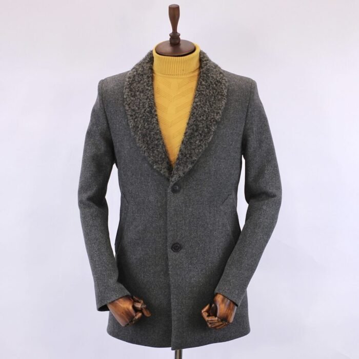 بالطو جوخ - رمادي غامق-ياقة كول شال فرو - CT102 - Image 2