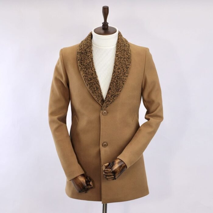 بالطو جوخ - جملي -ياقة كول شال فرو - CT104 - Image 2