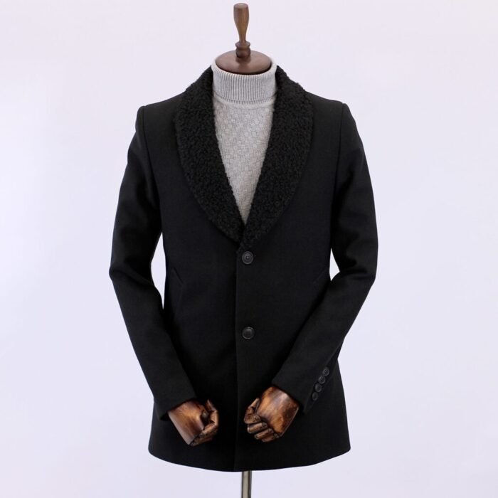 بالطو جوخ - اسود -ياقة كول شال فرو - CT103 - Image 2