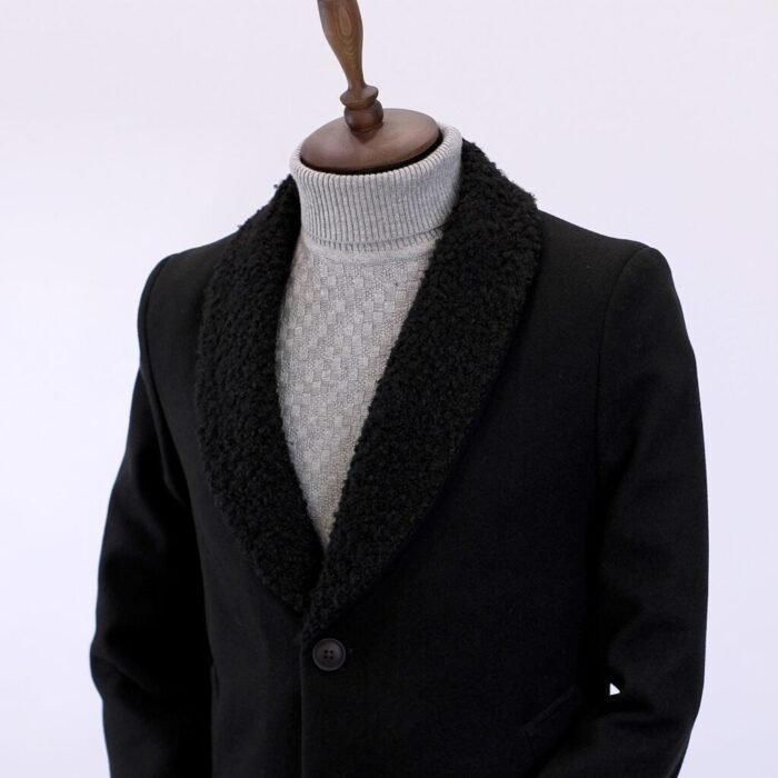 بالطو جوخ - اسود -ياقة كول شال فرو - CT103 - Image 3