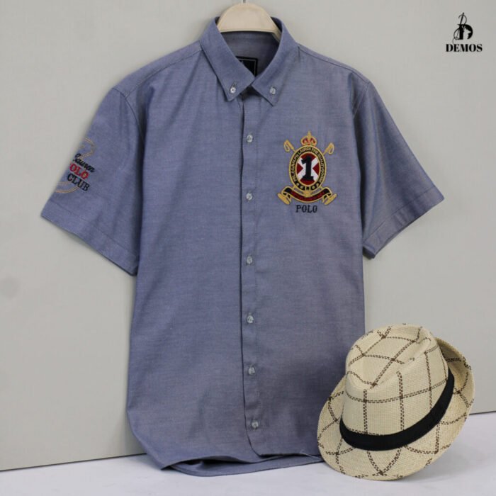 ⁦C112Oxford قميص اكسفورد نص كم تطريز بترولي⁩ - الصورة ⁦2⁩