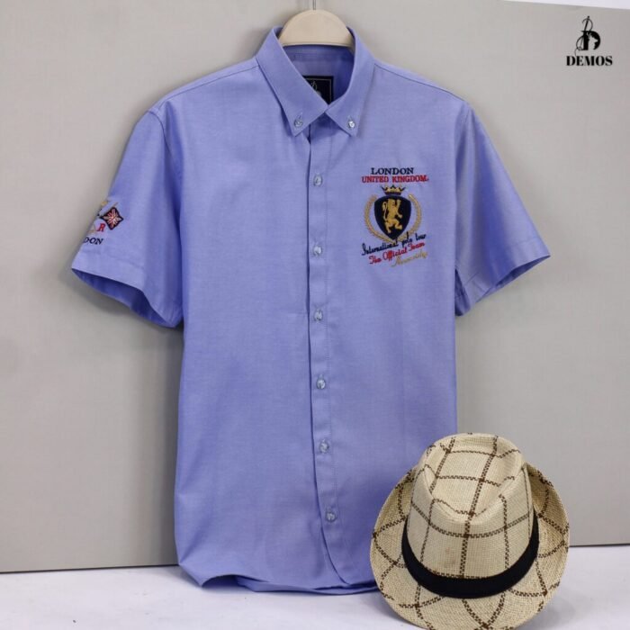 ⁦C106Oxford قميص اكسفورد نص كم تطريز لبني⁩ - الصورة ⁦2⁩