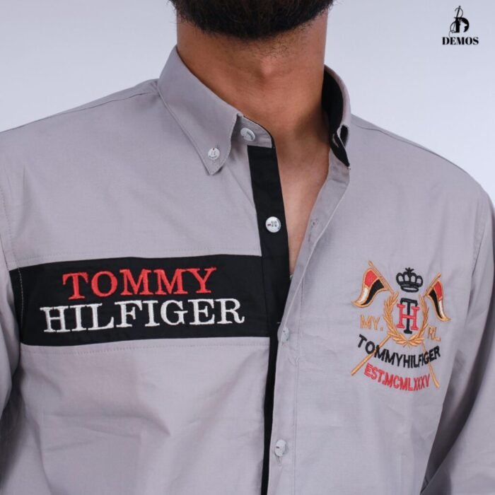 قميص كم قطن تطريز -رمادي CH174 - Image 2