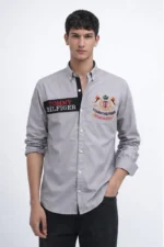 قميص كم قطن تطريز -رمادي CH174