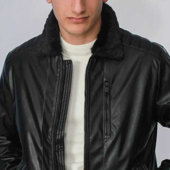 جاكيت جلد ياقه فرو - اسود- JK193 - Image 2