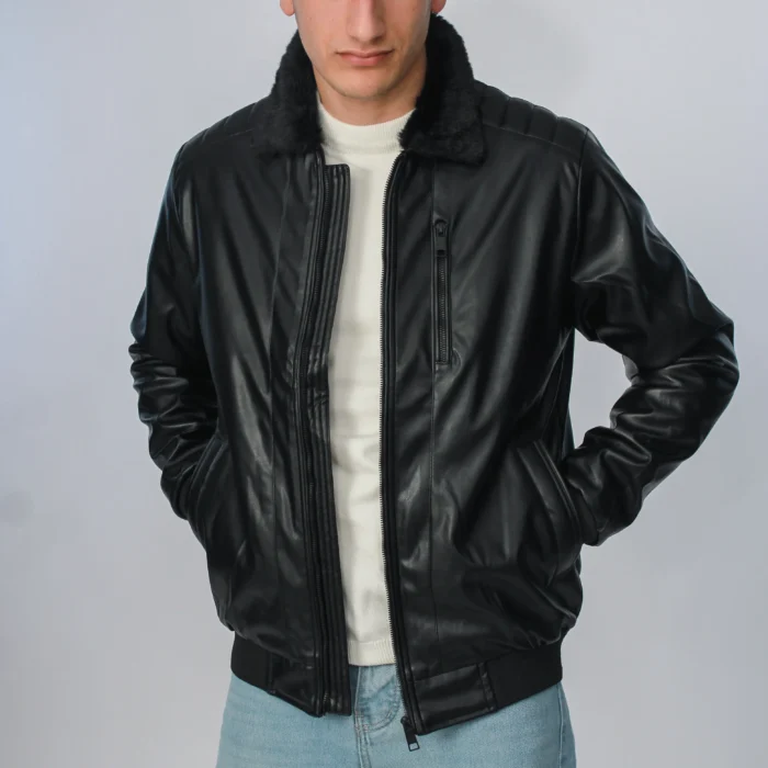 جاكيت جلد ياقه فرو - اسود- JK193 - Image 3